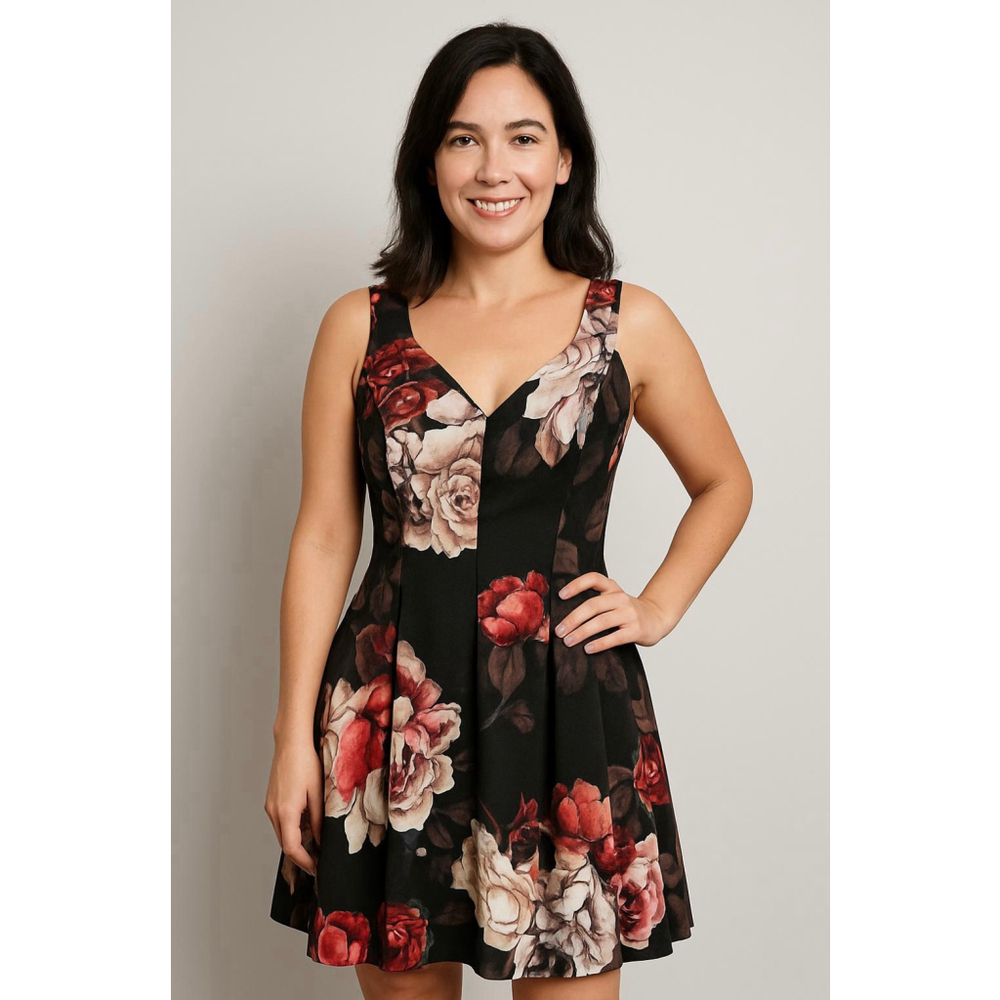 Women's Adrianna Papell Black Red Floral Sleeveless Mini Dress 6 Whimsical Chic